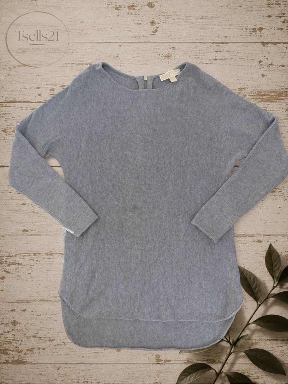 Michael Kors Grey Cotton Blend Zip-Back Knit Tunic Sweater - Size L